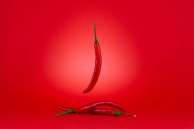 Kırmızı arka planda üç tane Chili biberi. Olgun kırmızı acı biber..