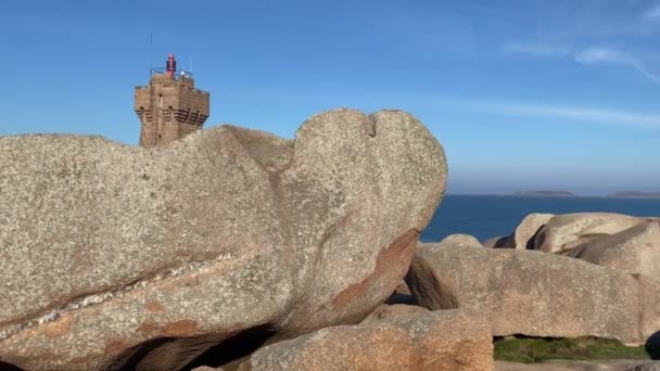 Lighthouse Pink Granite Coast Stretch Coastline Cotes Armor Departement Northern — стокове відео