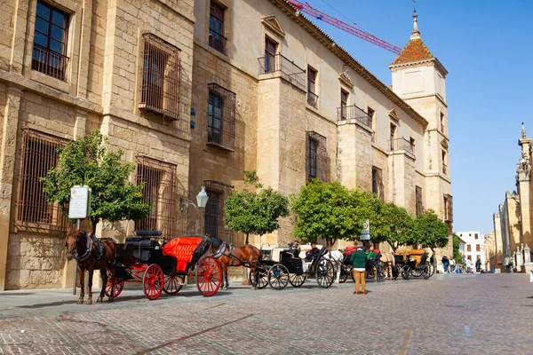 スペイン コルドバ 2022年2月11日 スペイン アンダルシア州 コルドバのモスクの隣に赤い馬車が停まっていた コルドバ通りに馬とそりに乗る — ストック写真