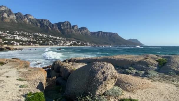 晴れた日のベーコベンビーチでは ケープタウン 南アフリカ 十二使徒は晴れた日を見る — ストック動画
