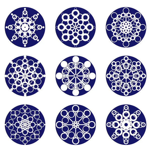 Neuf flocons de neige, bleu sur blanc — Image vectorielle