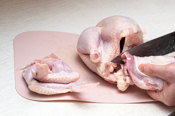 Massacrar frango fresco com uma faca de cozinha. Imagem De Stock