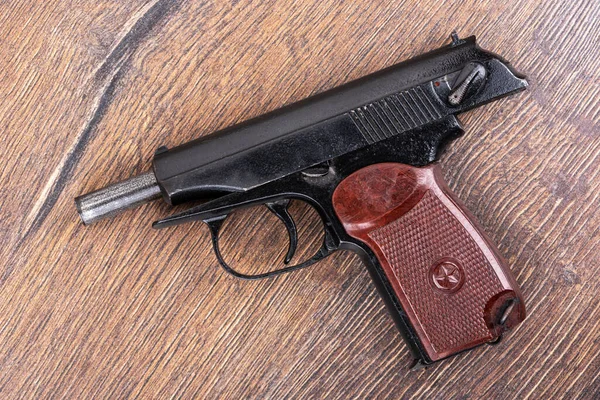 Верхний Вид Пистолета Макарова Затвором Остановился Открытом Положении Винт Пистолета — стоковое фото