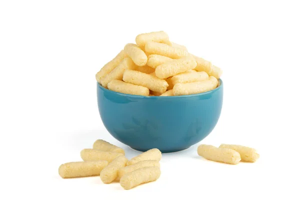 Sweet Corn Sticks Blue Cup Few White Background Copy Space — Stockfoto