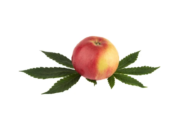 Äpple Och Marijuana Blad Vit Bakgrund Kopiera Utrymme — Stockfoto