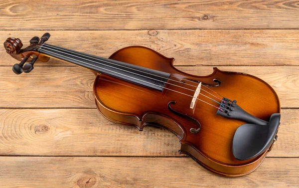 Top View Violin Lying Wooden Table Copy Space — Stockfoto