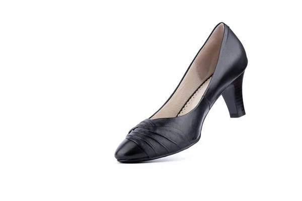 Women Black Leather Shoes White Background Copy Space — 图库照片
