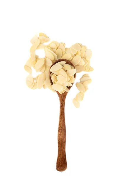 Almond Petals Nut Kernels Wooden Spoon White Background Top View — Stock Photo, Image