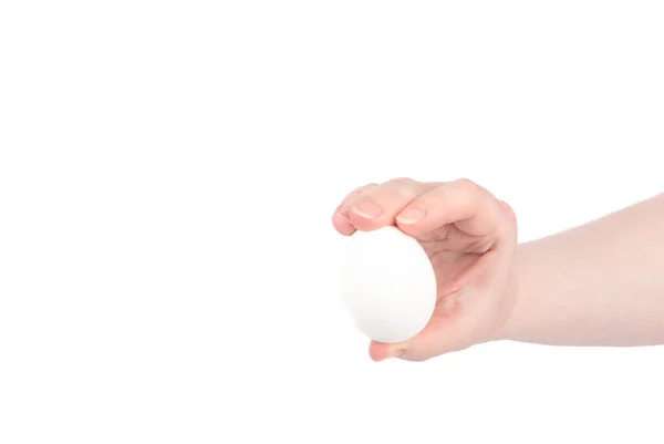 El ser humano sostiene un huevo de gallina blanca con sus dedos. — Foto de Stock