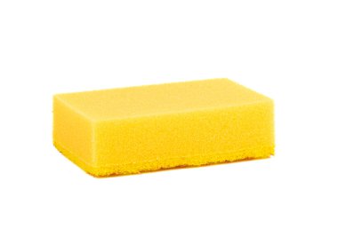 Beyaz arka planda bulaşık yıkamak için sarı bir sünger. Ev aletleri.