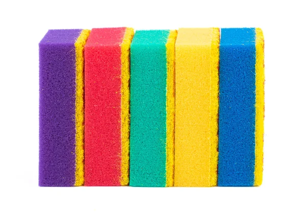 Gros Plan Éponges Multicolores Pour Laver Vaisselle Sur Fond Blanc — Photo