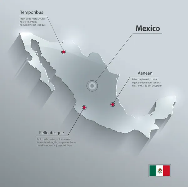 Mapa de México tarjeta de vidrio bandera de papel 3D vector — Vector de stock