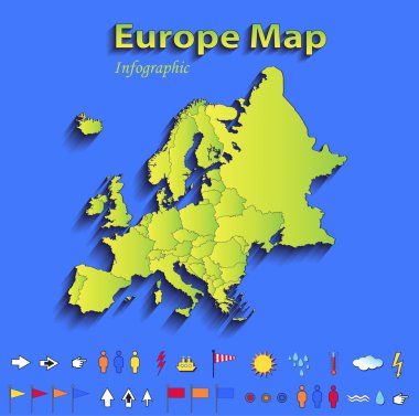 Avrupa harita Infographic siyasi harita tek tek devletlerin mavi yeşil kart kağıt 3d tarama