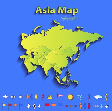 Asya harita Infographic siyasi harita tek tek devletlerin mavi yeşil kart kağıt 3d tarama