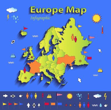 Avrupa harita Infographic siyasi harita tek tek devletlerin mavi yeşil kart kağıt 3B vektör
