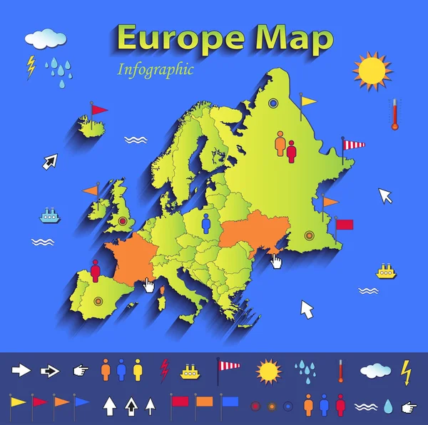 Europa mapa infografía mapa político estados individuales azul tarjeta verde papel 3D vector — Vector de stock