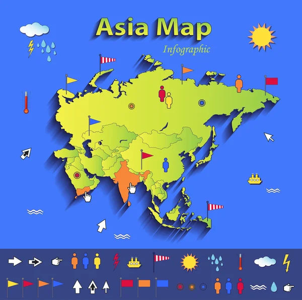 Ásia mapa infográfico mapa político estados individuais azul cartão verde papel vetor 3D — Vetor de Stock