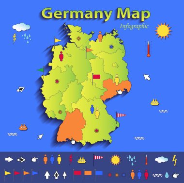 Germany map infographic political map individual states blue green card paper 3D vector clipart