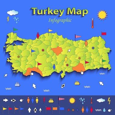 Turkey map infographic political map individual states blue green card paper 3D vector clipart
