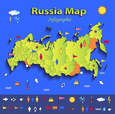 Russia map infographic political map individual states blue green card paper 3D vector clipart