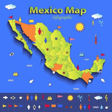 Mexico map infographic political map individual states blue green card paper 3D vector clipart