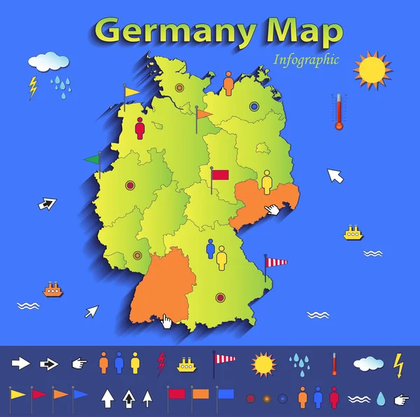 Niemcy mapa plansza Mapa polityczna poszczególnych państw niebieski zielonej karty papieru 3d wektor — Wektor stockowy