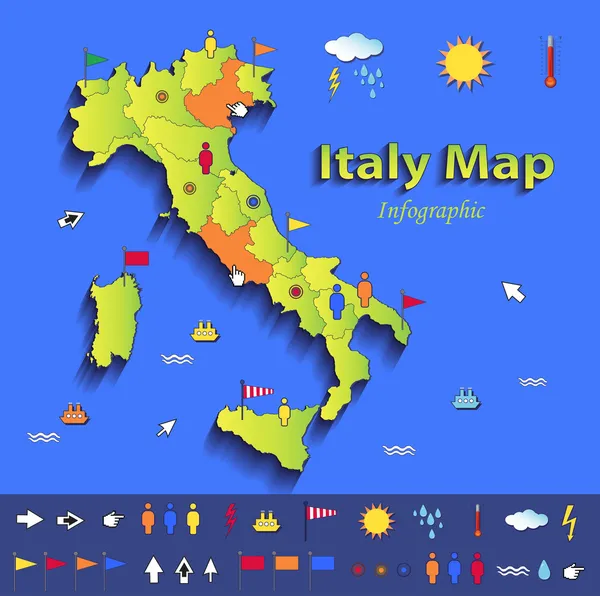 Italia mappa infografica mappa politica singoli stati carta carta verde blu vettore 3D — Vettoriale Stock