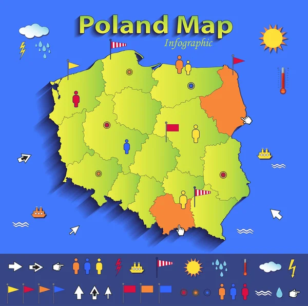 Polska mapa plansza Mapa polityczna poszczególnych państw niebieski zielonej karty papieru 3d wektor — Wektor stockowy