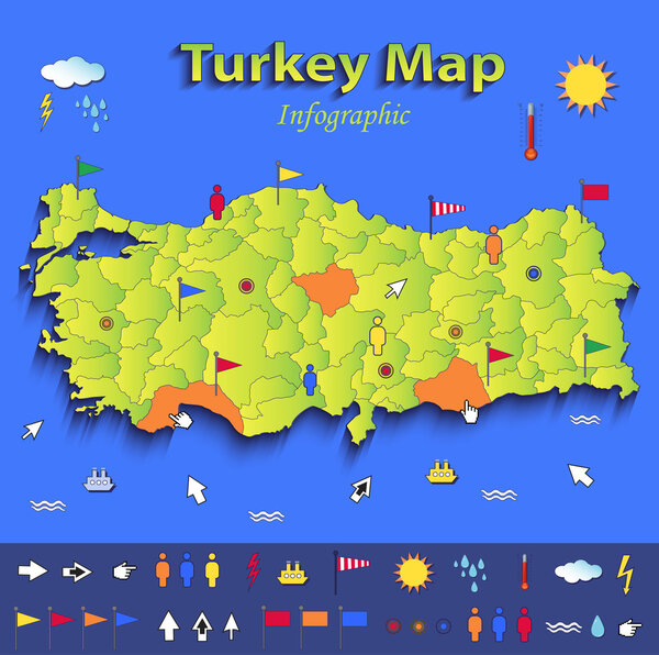 Turkey map infographic political map individual states blue green card paper 3D vector