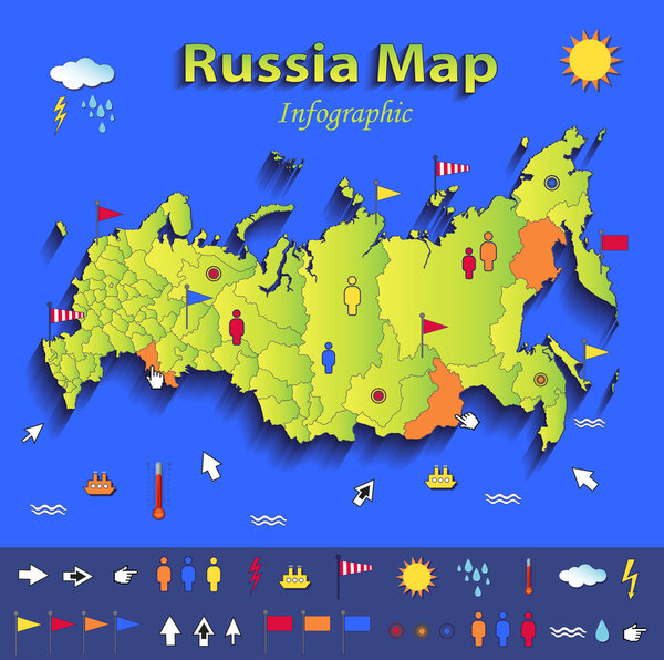 Russia map infographic political map individual states blue green card paper 3D vector