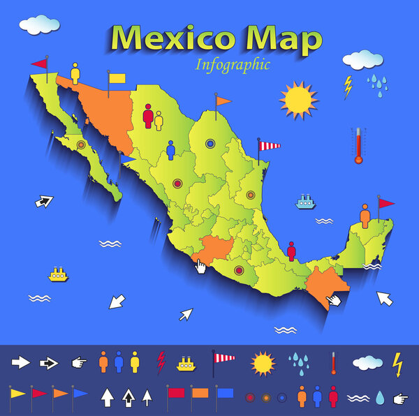 Mexico map infographic political map individual states blue green card paper 3D vector