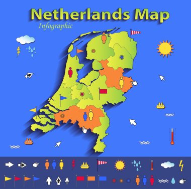 Hollanda haritası infografik siyasi harita mavi yeşil kart kağıdı 3D vektör bireysel devletler