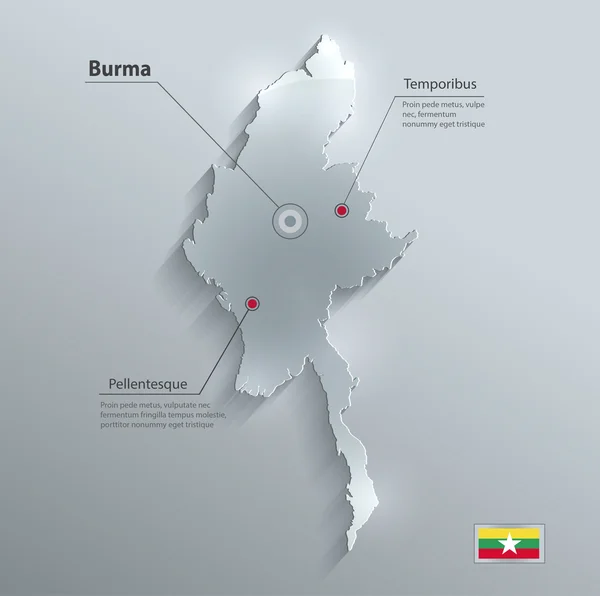 Birmania Myanmar mapa bandera tarjeta de vidrio papel raster 3D — Vector de stock