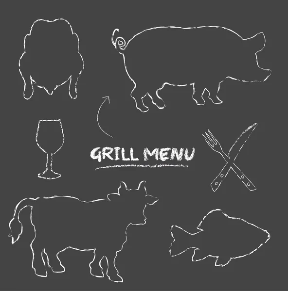 Menu Grill porco vaca peixe frango quadro negro raster — Fotografia de Stock