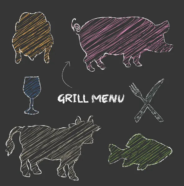 Grill menu porco vaca peixe frango quadro negro cor raster — Fotografia de Stock