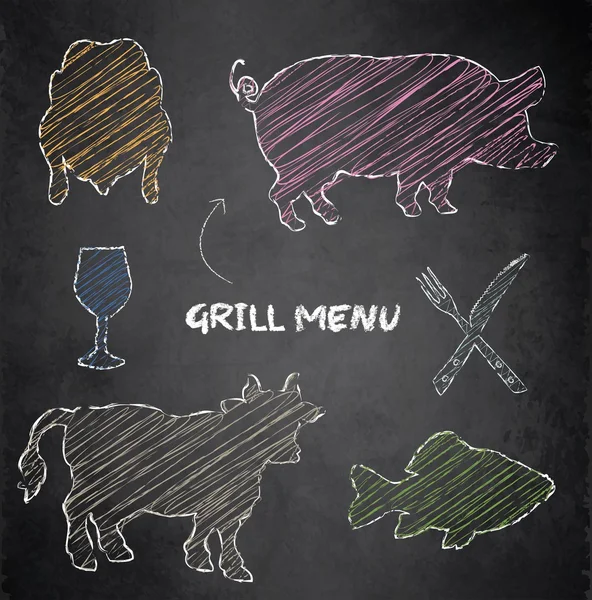 Menu Grill porco vaca peixe frango quadro negro vetor de cor — Vetor de Stock