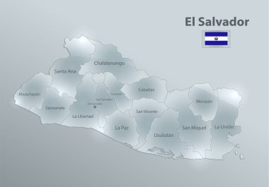 El Salvador haritası ve bayrağı, idari bölüm, bölgeleri ve isimleri ayırır, tasarım cam kartı 3D vektörü