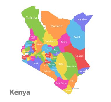 Kenya haritası, idari bölüm, isimleri olan ayrı bölgeler, beyaz arkaplan vektörü üzerinde izole edilmiş renk haritası