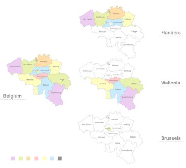Belçika haritası idari bölümlere bölünmüş durumda, Flanders Wallonia ve Brüksel vektörü