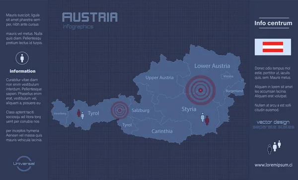 Ausztria Térképe Különálló Régiók Nevekkel Infografika Kék Lapos Formatervezési Vektor — Stock Vector