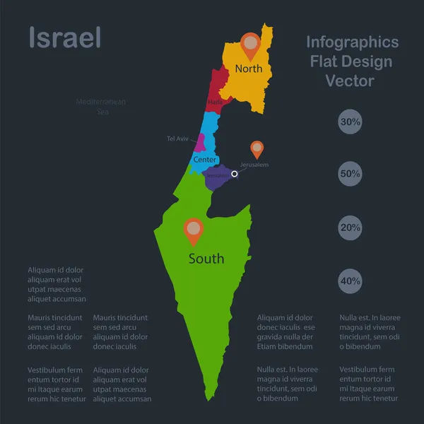 Infografika Mapa Izraela Płaskie Kolory Nazwy Poszczególnych Działów Administracyjnych Niebieskie — Wektor stockowy