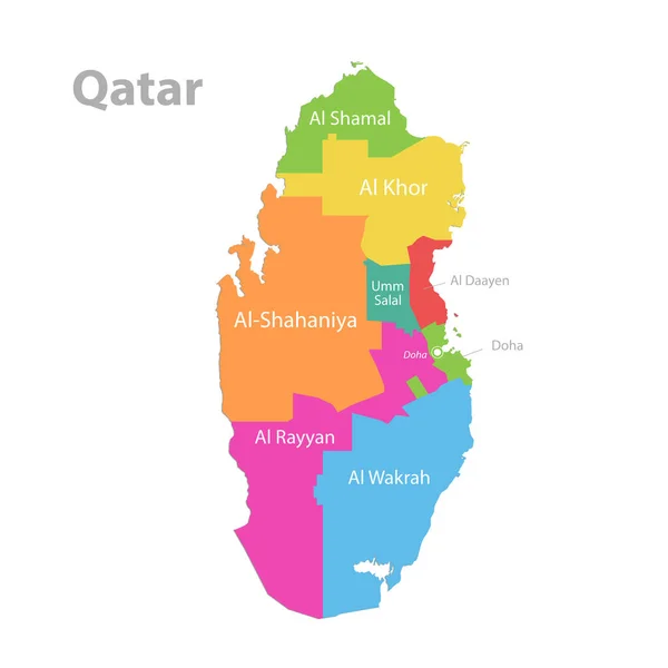 Qatar Mappa Divisione Amministrativa Separare Singole Regioni Con Nomi Mappa — Vettoriale Stock