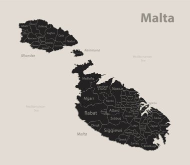 Bölgelerin isimleriyle Malta 'nın kara haritası, tasarım karatahta vektörü