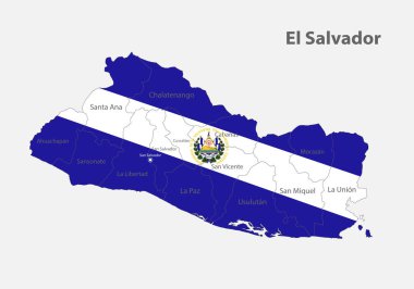 El Salvador haritası idari bölüm vektörüyle bayrak renklerinde.