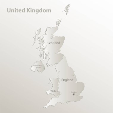 Birleşik Krallık haritası, idari bölünme, bölgeleri ve isimleri ayrı tutar, kart kağıdı 3D doğal vektör