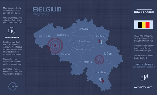 Belgique Carte Régions Séparées Avec Les Noms Infographie Bleu Plat — Image vectorielle