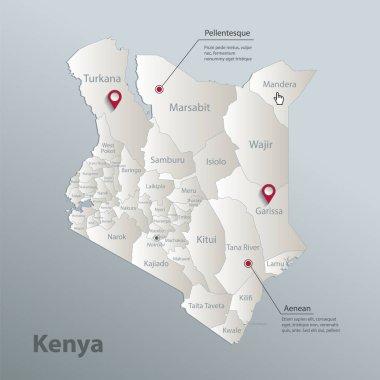 Kenya haritası, isimlerle idari bölüm, mavi beyaz kart 3D vektörü
