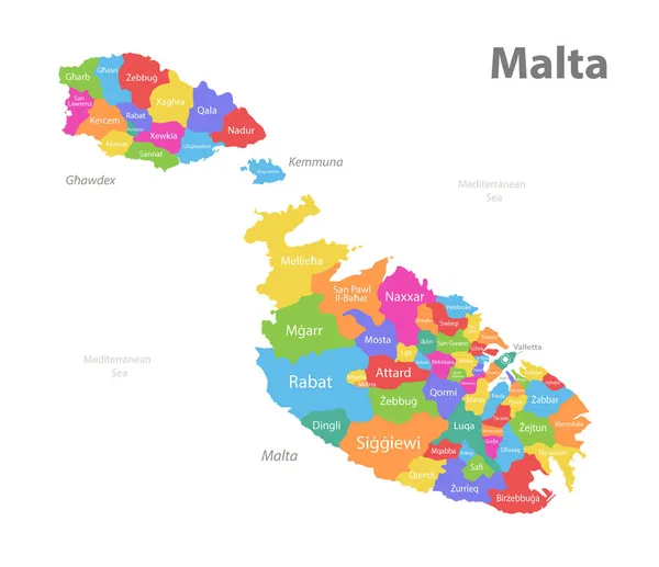 Malta Mapa Podział Administracyjny Oddzielne Regiony Nazwami Mapa Kolorów Odizolowana — Wektor stockowy