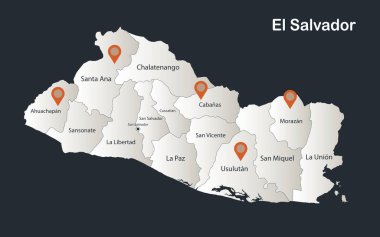 El Salvador haritası, Infographics düz tasarım renkleri, bireysel bölge vektörlerinin isimleriyle kar beyazı