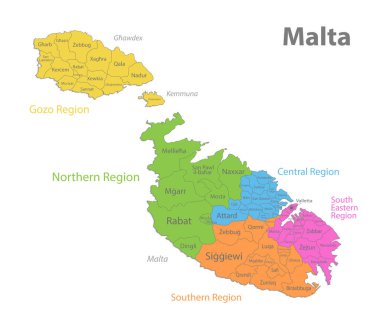 Malta haritası, Geçerli bölgeler whit isimleri, Malta Siyaseti, beyaz arkaplan vektörü üzerinde izole edilmiş